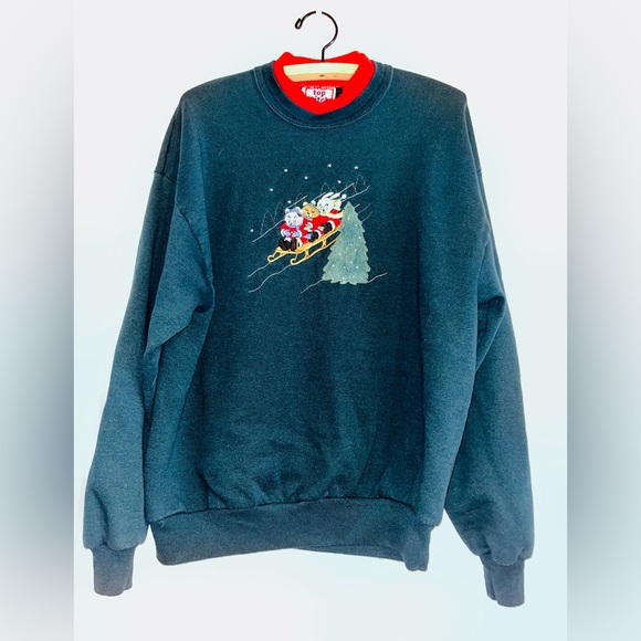 VTG 90s Sweatshirt Top Stitch XL Grandma Christmas Hunter Green cat bunny bear - Picture 2 of 5